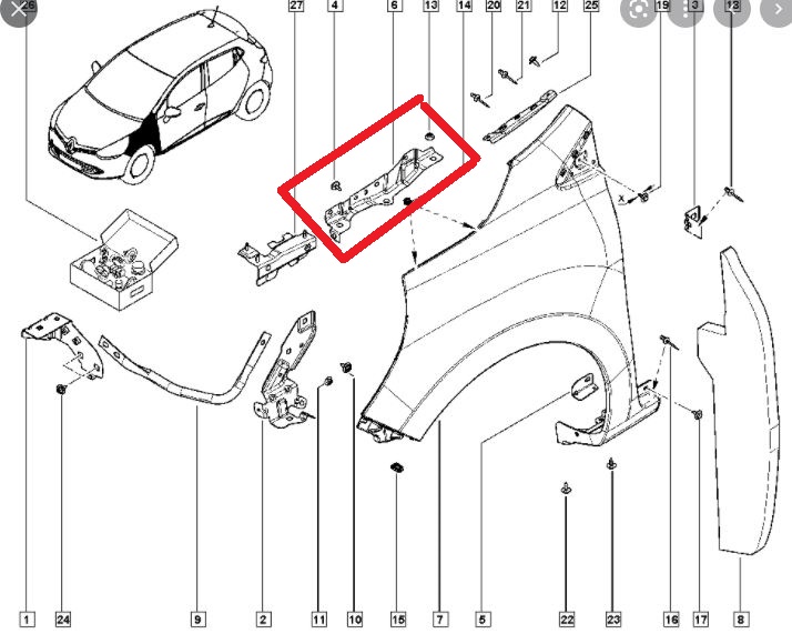 RENAULT-CLIO--4--SPORT-TOURER--16/19;-FRONT-FENDER-SUPPORT-LH-(MIDDLE-PART)-(SKIN)